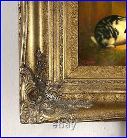 Vintage Painting Black & White Rabbit 2 Bunnies Ornate Gold Frame Signed Byron