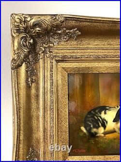 Vintage Painting Black & White Rabbit 2 Bunnies Ornate Gold Frame Signed Byron