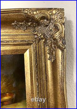 Vintage Painting Black & White Rabbit 2 Bunnies Ornate Gold Frame Signed Byron