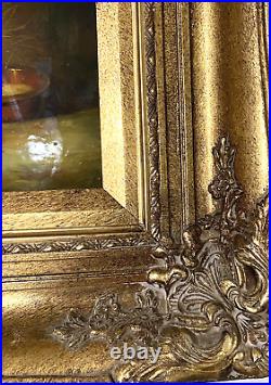 Vintage Painting Black & White Rabbit 2 Bunnies Ornate Gold Frame Signed Byron