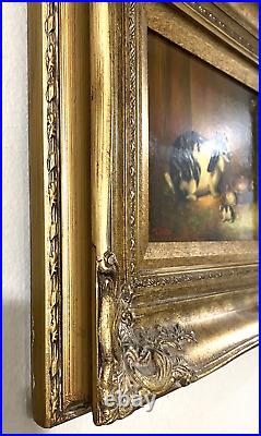 Vintage Painting Black & White Rabbit 2 Bunnies Ornate Gold Frame Signed Byron