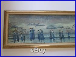 Vintage Painting Impressionism Sofa Size Skinny Narrow Umbrella Rainy Day Signed