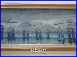 Vintage Painting Impressionism Sofa Size Skinny Narrow Umbrella Rainy Day Signed
