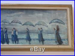 Vintage Painting Impressionism Sofa Size Skinny Narrow Umbrella Rainy Day Signed