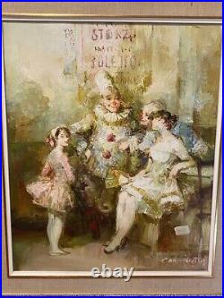 Vintage Painting Oil On Canvas Circus Signed Joan Camo Sentis Pierrot Frame Lady