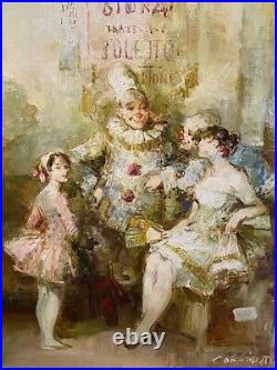 Vintage Painting Oil On Canvas Circus Signed Joan Camo Sentis Pierrot Frame Lady