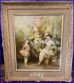 Vintage Painting Oil On Canvas Circus Signed Joan Camo Sentis Pierrot Frame Lady