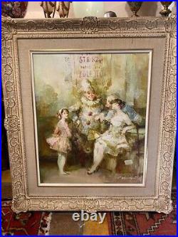 Vintage Painting Oil On Canvas Circus Signed Joan Camo Sentis Pierrot Frame Lady