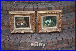 Vintage Pair of Original Signed Oil Painting Rabbit Ornate Gold Gilt Frame