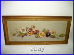 Vintage Pansies Oil Painting Floral Gilt Frame Velvet Fillet Signed Long Narrow
