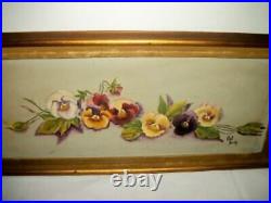 Vintage Pansies Oil Painting Floral Gilt Frame Velvet Fillet Signed Long Narrow