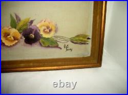 Vintage Pansies Oil Painting Floral Gilt Frame Velvet Fillet Signed Long Narrow