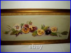 Vintage Pansies Oil Painting Floral Gilt Frame Velvet Fillet Signed Long Narrow