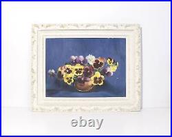 Vintage Pansy Flower Still Life Painting Pansies Framed Signed Mid Century Blue