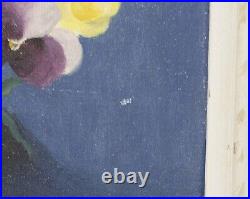 Vintage Pansy Flower Still Life Painting Pansies Framed Signed Mid Century Blue