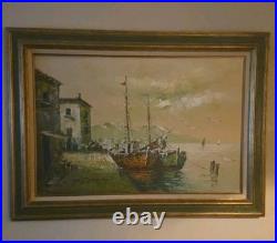Vintage Paolo Stirrat Oil Painting of Fishing Boats Dock Harbor Nautical, Signed
