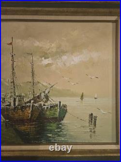 Vintage Paolo Stirrat Oil Painting of Fishing Boats Dock Harbor Nautical, Signed