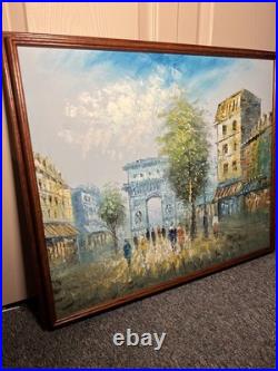 Vintage Paris Street Scene Oil Painting 25x21 in Signed Framed