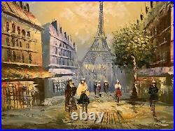 Vintage Parisian Paris Street Scene Oil Painting On Canvas Wood Framed