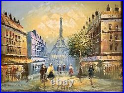 Vintage Parisian Paris Street Scene Oil Painting On Canvas Wood Framed
