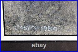 Vintage Pastel Painting On Cardboard Signed Castro Dated 1980 Skull Calavera Pop