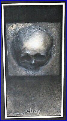 Vintage Pastel Painting On Cardboard Signed Castro Dated 1980 Skull Calavera Pop