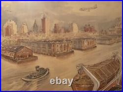 Vintage Philadelphia Waterfront Watercolor, dated 1955 signed Sivers