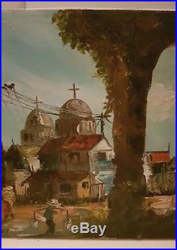 Vintage Philippine Oil Painting Signed Church City House Landscape Artist Asian