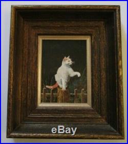 Vintage Photo Realism Painting Cat Kitten Sitting On A Fence Signed With Coa