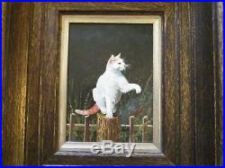 Vintage Photo Realism Painting Cat Kitten Sitting On A Fence Signed With Coa