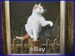 Vintage Photo Realism Painting Cat Kitten Sitting On A Fence Signed With Coa