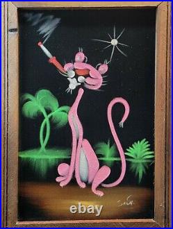 Vintage Pink Panther Painted Black Velvet Signed From Mexico Rough Wood Framed