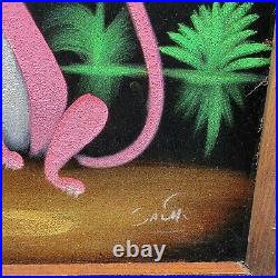 Vintage Pink Panther Painted Black Velvet Signed From Mexico Rough Wood Framed