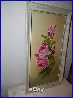 Vintage Pink Roses Oil Painting On Board White Distressed Frame Signed 27 Tall