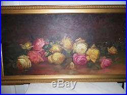 Vintage Pink & Yellow Roses Oil Painting Signed Framed 38 1/2 Yard Long