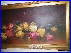 Vintage Pink & Yellow Roses Oil Painting Signed Framed 38 1/2 Yard Long