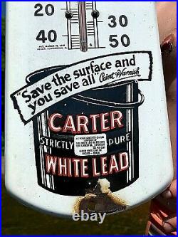 Vintage Porcelain Carter White Lead Paint Thermometer Sign General Hardware 27X7