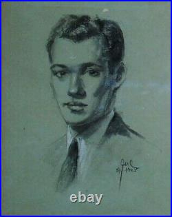 Vintage Portrait Charcoal Drawing Gentleman Man Male Mid Century Modern