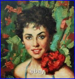 Vintage Portrait Oil Painting Glamorous Woman Lady Italian