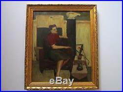 Vintage Portrait Painting MID Century Modern Female Model Signed Case 1950's