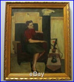 Vintage Portrait Painting MID Century Modern Female Model Signed Case 1950's