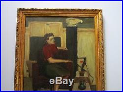 Vintage Portrait Painting MID Century Modern Female Model Signed Case 1950's