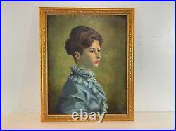 Vintage Portrait of a Woman in Blue Dress Oil Painting Signed Evelyn Gacko