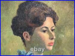 Vintage Portrait of a Woman in Blue Dress Oil Painting Signed Evelyn Gacko