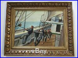 Vintage Post Wpa Style Nautical Painting Boat Workers Ship Seascape Crew Signed