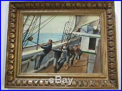 Vintage Post Wpa Style Nautical Painting Boat Workers Ship Seascape Crew Signed