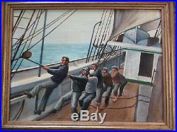Vintage Post Wpa Style Nautical Painting Boat Workers Ship Seascape Crew Signed
