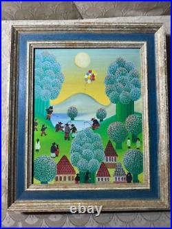 Vintage Primitive/Folk Art Landscape With Figures Oil Painting Signed/Framed