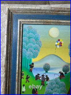 Vintage Primitive/Folk Art Landscape With Figures Oil Painting Signed/Framed