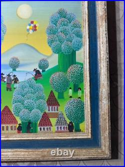 Vintage Primitive/Folk Art Landscape With Figures Oil Painting Signed/Framed